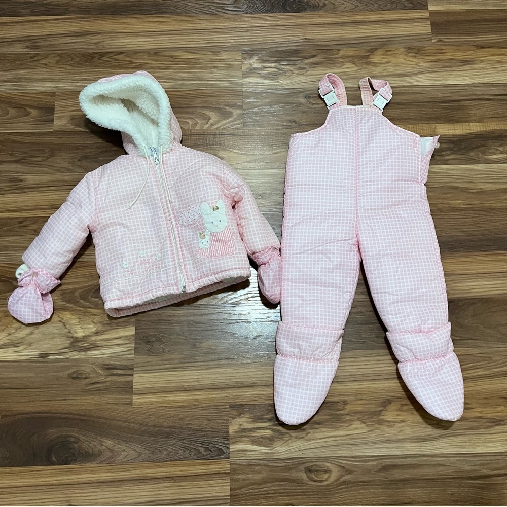 Vintage Quiltex Toddler Girl Pink White Check Snowsuit Coat Overalls Size 18 mo